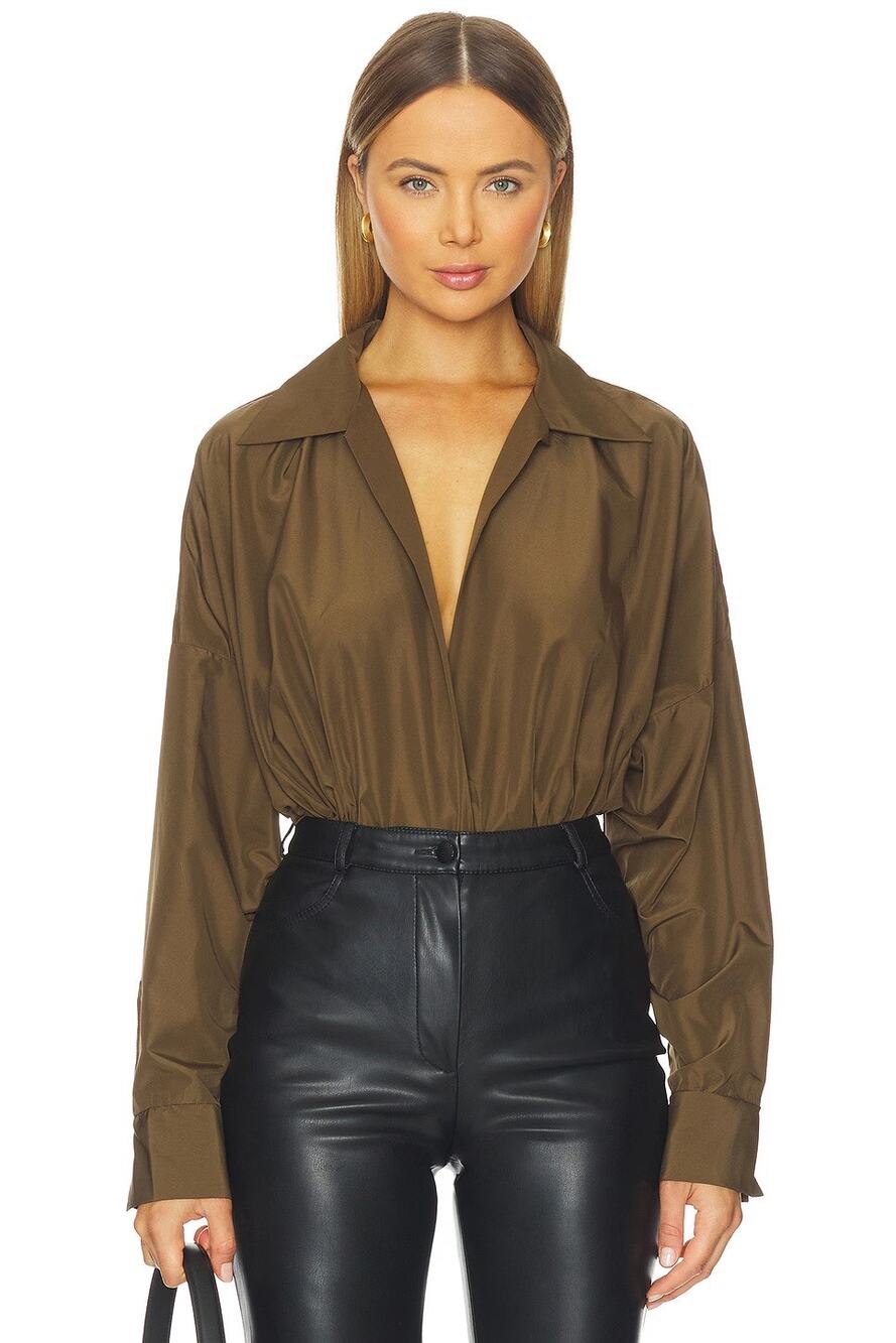 Norma Kamali Super Oversized Boyfriend Shirt Bodysuit Minimal Preppy Fall XS